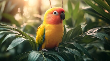 Wall Mural - Colorful parrot perched on lush green leaves in a vibrant tropical setting during golden hour