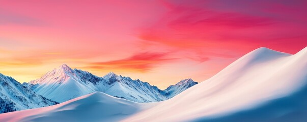 Wall Mural - A stunning mountain landscape at sunset, showcasing vibrant pink and orange skies over snow-covered peaks and serene slopes.