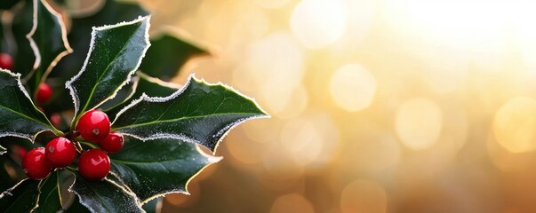 Wall Mural - A close-up of holly leaves and red berries set against a soft, blurred golden background, evoking a festive, warm atmosphere.