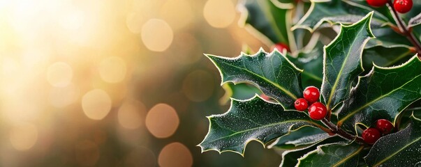 Wall Mural - A close-up of holly leaves and red berries against a soft, blurred background, evoking a festive, warm atmosphere.