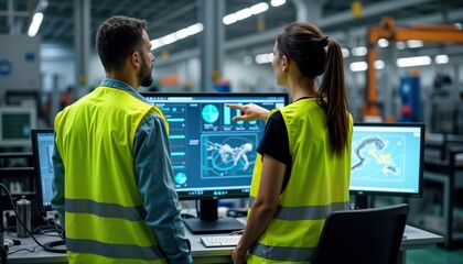 Aufkleber - Project engineer discusses facility production line control with female operator. Modern factory setting. AI, machine learning enhance assembly process. Computer displays show detailed process.