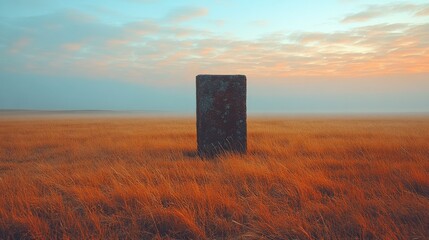 Sticker - Tall stone monolith in a vast golden grass field at sunrise, under a colorful sky