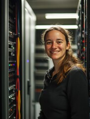Poster - Smiling female technician in a high-tech server room surrounded by cables, illuminated by soft overhead lights, with ample empty copyspace for text.