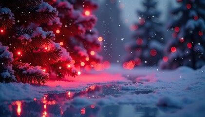 Wall Mural - Red lights reflected on a snowy Christmas background with falling flakes, snowy, reflection