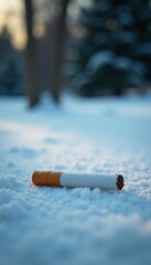 Wall Mural - A lone cigarette butt lies on a cold, white surface, dull, desolate