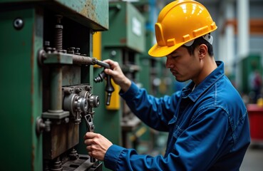 Leinwandbilder - Asian male engineer carefully checks, adjusts metal machine in factory. Wears safety helmet, work uniform. Focused on maintenance. Industrial setting. Mechanic works on large equipment. Industrial
