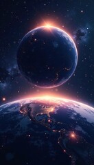 Wall Mural - Black orb shaped like a star hovering above Earth, void, horizon
