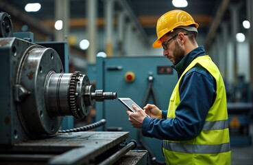 Leinwandbilder - Man in yellow hard hat uses tablet to control electric drill machinery in metal factory. Checks industrial lathe equipment. Maintenance work in progress. Modern tech in industrial setting. Technician