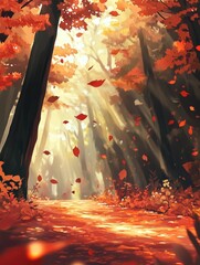 Aufkleber - Vibrant autumn leaves cascading in a serene forest amidst golden light shafts. Generative AI
