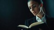 © The 2R Artificiality - Businesswoman lawyer reading law book in dark office setting with legal documents on desk, dramatic lighting highlighting focused expression and gavel nearby.