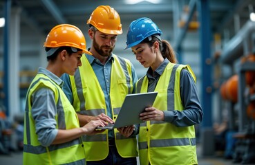 Three industrial workers wearing safety vests, hardhats collaborate inside factory. Team members use laptop, tablet to control machinery, check labor. Foreman manager guides team. Scene illustrates