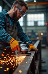 Poster - Man in workwear uses electric grinder on steel structure in factory. Sparks fly during metal grinding process. Industrial worker performs precise metal cutting task. Focus on concentrated actions of
