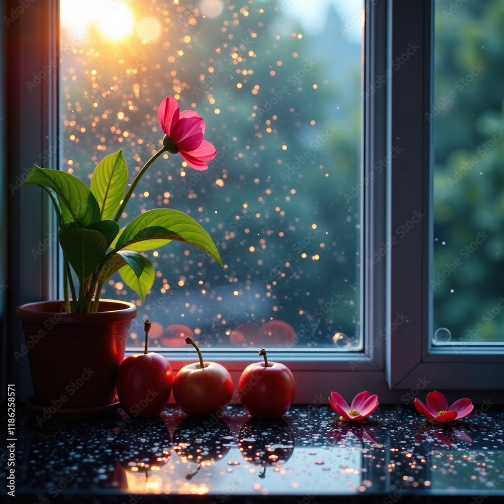 Lirios on the windowsill overflow in a gentle rain shower, drop ...