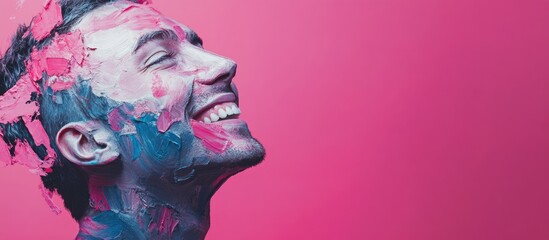 Wall Mural - Cheerful young man with vibrant colored face paint smiling brightly, fingers raised in excitement against a vivid pink background, perfect for text placement.