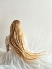 Wall Mural - Blonde girl with long flowing hair in a white dress seated against a soft neutral backdrop with ample empty space for text and design elements.