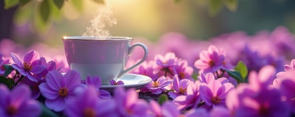 Sticker - A lone tea cup amidst a sea of purple flowers, tea, peaceful