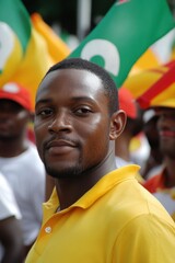 Guyana Republic Day Young african male in yellow shirt smiling at outdoor event with colorful flags