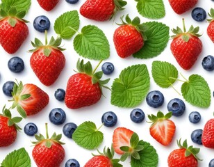 Wall Mural - Fresh Strawberries Blueberries Mint Leaves Pattern Background