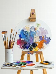Poster - Artistic workspace filled with creativity, featuring a colorful paint palette and brushes on an easel. Generative AI