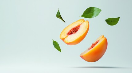 Poster - Two peach halves and some leaves are levitating on a light blue minimalist background, creating a visually appealing scene with vibrant colors and a sense of freshness