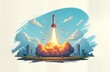 © miss irine - Rocket launch over cityscape. Powerful rocket blasts off in clear sky with large cloud of smoke. City buildings visible in background. Success, progress implied. New beginnings. Innovation,