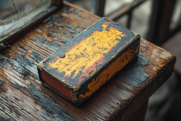 Wall Mural - Old weathered box sits on wood.