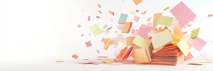 Poster - Colorful sticky notes bursting upward from a tidy stack create a lively and energetic scene, set against a pristine white backdrop that enhances the vibrant display