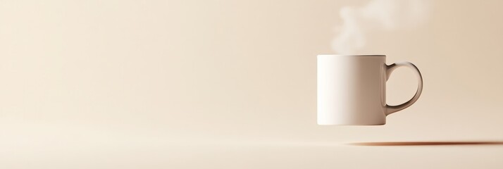 Aufkleber - Capturing a minimalist still life, a steaming white mug floats gracefully against a soft beige backdrop, evoking a sense of serenity and warmth in the scene