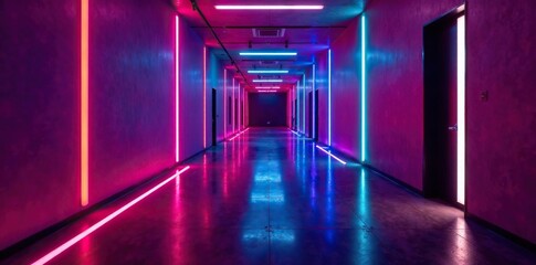 Wall Mural - Glowing neon floor shines brightening dimly lit hallway, dark, neon