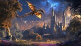 Golden dragon soaring over fairytale castle at night.