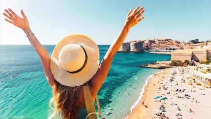 Wall Mural - Happy woman tourist enjoying view of the old town of Dubrovnik in Croatia	