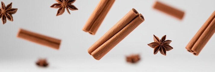 Poster - Cinnamon sticks and star anise are floating on a minimalist white background, creating a visually appealing arrangement that suggests warmth, spice, and aromatic flavors