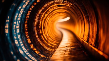 Poster - Golden Light at the End of Digital Tunnel. Information Flow, Big Data Stream. Technology Concept