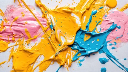 Poster - Bright splashes of yellow, pink, and blue paint showcase a lively abstract composition on canvas, enhancing the artistic ambiance