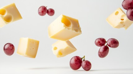 Aufkleber - Cubes of delicious swiss cheese with holes and bunches of ripe red grapes are floating in the air against a clean white backdrop, creating a visually appealing and appetizing scene