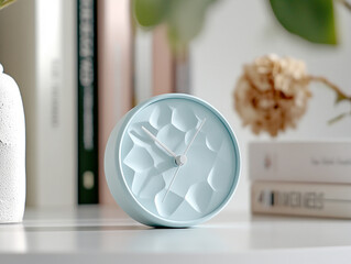 Poster - Modern blue clock with geometric design on a minimal desk