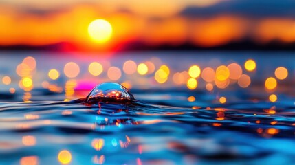 Wall Mural - waves gently ripple as the sun sets, illuminating the ocean surface with sparkling golden hues and c