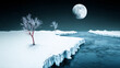 © Athiphat - dramatic black and white photograph of frozen river landscape featuring two trees on icy banks under full moon. serene atmosphere evokes sense of tranquility and isolation