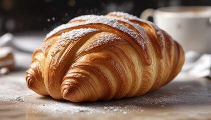 A delicate croissant half-filled with creamy coffee and topped with a light dusting of confectioner's sugar, dessert, pastry