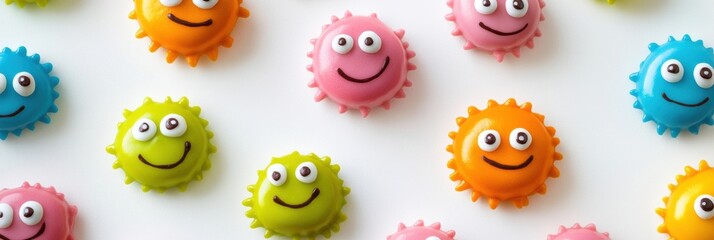 Poster - Cheerful and colorful microbes with smiling faces create a bright atmosphere in a playful arrangement on a surface. Generative AI