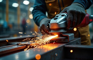 Poster - Worker uses electric grinder on steel structure in industrial setting. Sparks fly. Industrial tech process in action. Manufacturing process for metal structure. Man wears protective gear. Factory