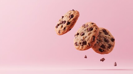 Aufkleber - Three chocolate chip cookies are levitating on a pink background, with some chocolate chips falling down, creating a visually appealing and delicious scene