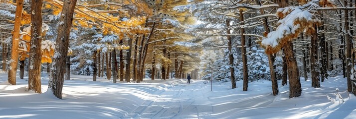 Wall Mural - Winter Wonderland A lone skier in a sun-drenched snowy forest with majestic trees towering.