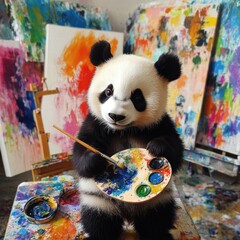 Poster - Creative panda enjoys painting with a brush and palette in a vibrant art studio filled with colorful canvases. Generative AI