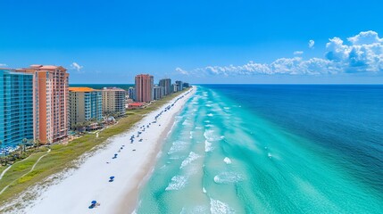 Wall Mural - Coastal Florida beach, turquoise water, high-rise hotels, sunny day; travel brochure