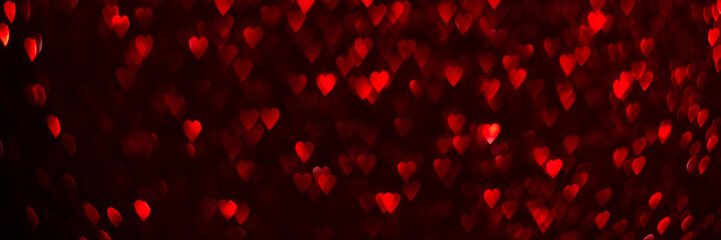 Wall Mural - Red hearts, sparkling glitter bokeh background banner, valentines day abstract defocused texture header
