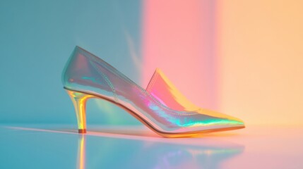 Poster - A crystal glass shoe rests on a radiant rainbow surface, reflecting vibrant colors and creating a whimsical atmosphere of elegance and beauty