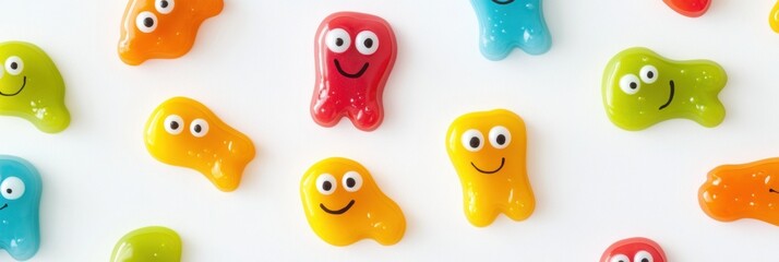 Fototapete - Bright and cheerful microbes with eyes and smiles are scattered on a white surface in a fun and playful arrangement. Generative AI