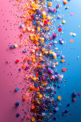 Wall Mural - confetti and sparkling glitter scattered across a split pink and blue background