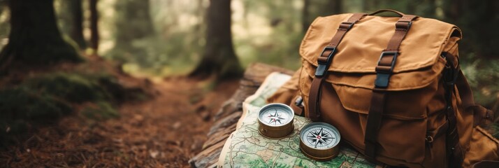 Aufkleber - Explorer gear laid on a detailed map in a serene forest setting during daytime. Generative AI